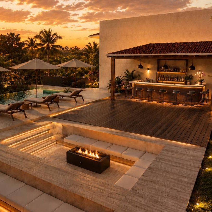 Render de la terraza con fire pit hundido y barra de bar junto a la piscina, al atardecer