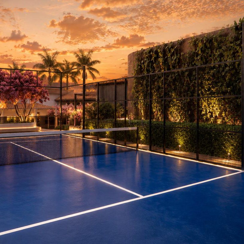 Render de la cancha de pádel de la Casa Club, con piso azul, muro vegetal y árboles en flor