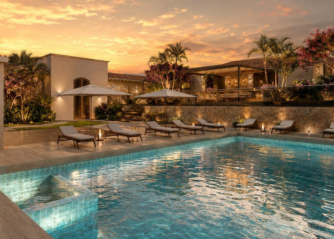 Render de la piscina de la Casa Club, con agua turquesa, tumbonas y una terraza al fondo al atardecer