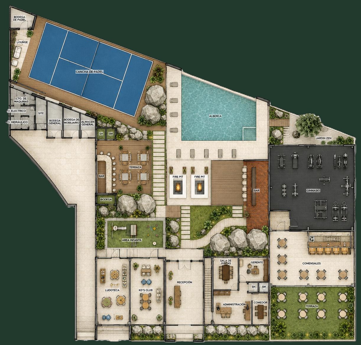 Planta arquitectónica de la Casa Club con cancha de pádel, piscina, fire pits, gimnasio, terrazas, ludoteca, Kids Club y recepción