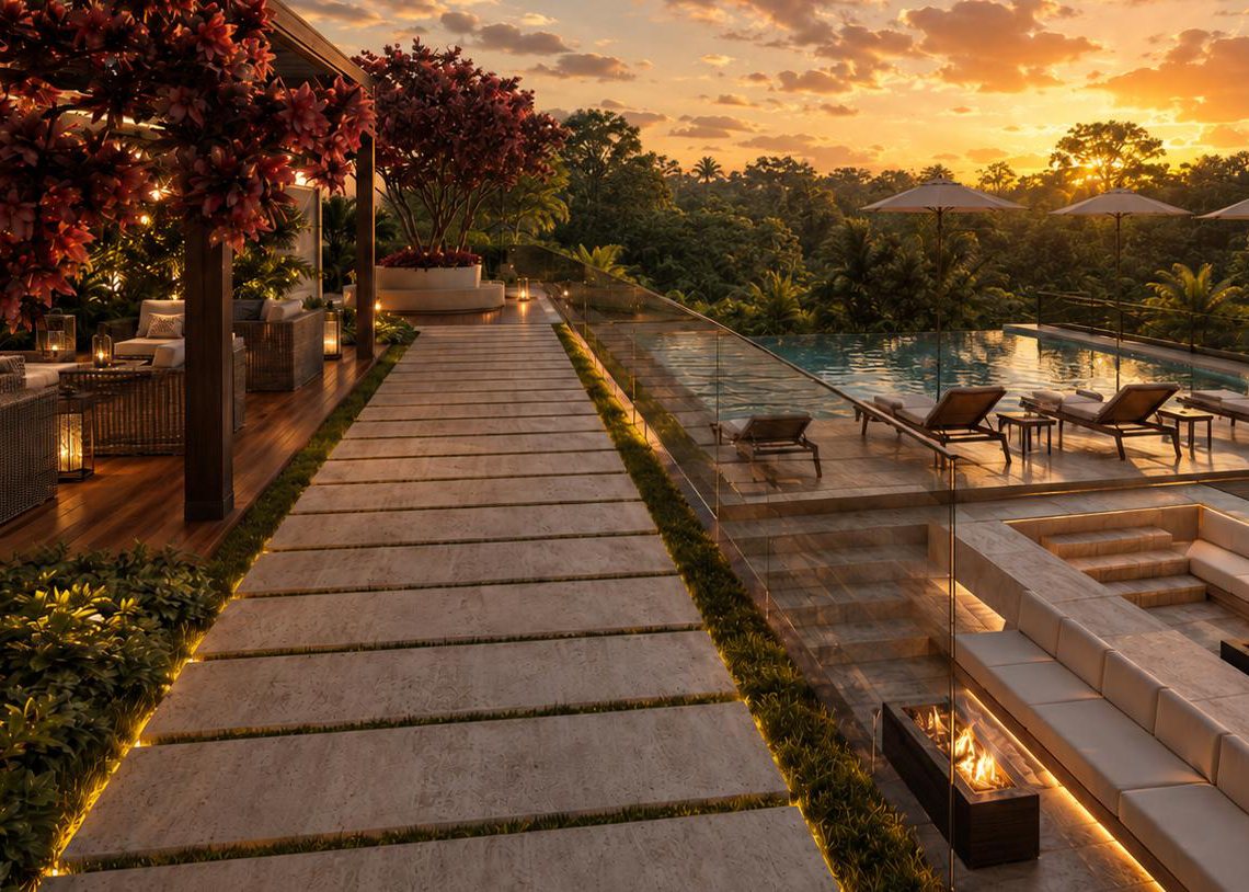 Render de un sendero de piedra que conduce a las terrazas, la zona de fire pit y la piscina
