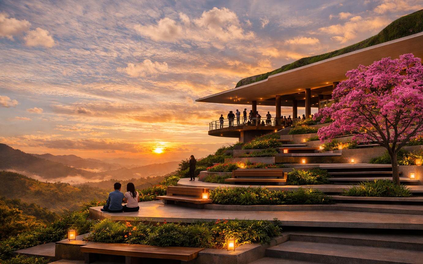 Render del mirador con terrazas escalonadas, un árbol en flor rosa y dos personas viendo el atardecer sobre las montañas