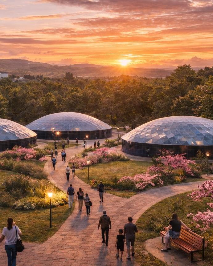 Render del parque con senderos de piedra, personas caminando, árboles en flor y los domos del tanque elevado al atardecer