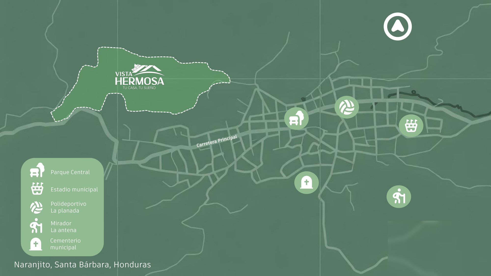 Mapa de Naranjito, Santa Bárbara, con el polígono de Vista Hermosa al noroeste del pueblo y referencias como el Parque Central, el estadio municipal, el polideportivo La Planada, el mirador La Antena y el cementerio municipal