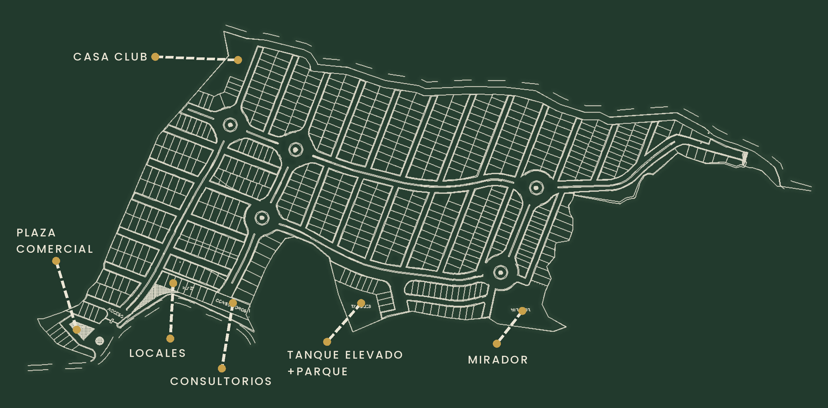 Master plan de Vista Hermosa: plano de conjunto con calles, manzanas y lotes, y la ubicación de la Casa Club, la plaza comercial, los locales, los consultorios, el tanque elevado y parque, y el mirador